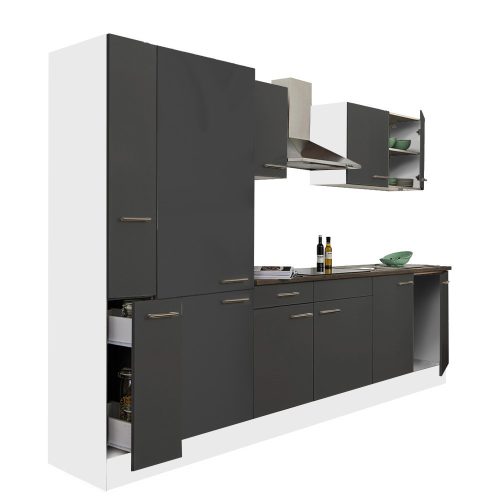Mobila de bucatarie Yorki 300, corp alb, fata antracit satinat, cu dulap cu raft