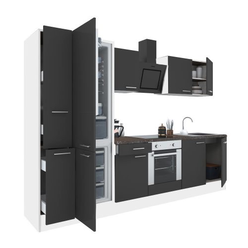 Mobila de bucatarie Yorki 300, corp alb, fata antracit satinat, element cuptor inferior, frigider congelator inferior