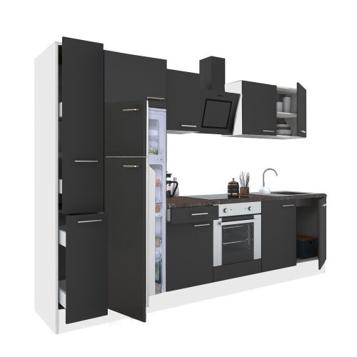 Mobila de bucatarie Yorki 300, corp alb, fata antracit satinat, element cuptor inferior, frigider congelator superior