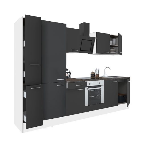 Mobila de bucatarie Yorki 300, corp alb, fata antracit satinat, element inferior cuptor, dulap raft