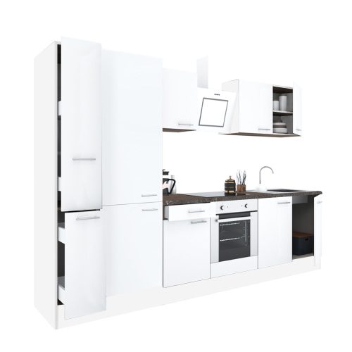 Mobila de bucatarie Yorki 300, corp alb, fata alb satinat, element inferior cuptor, dulap raft