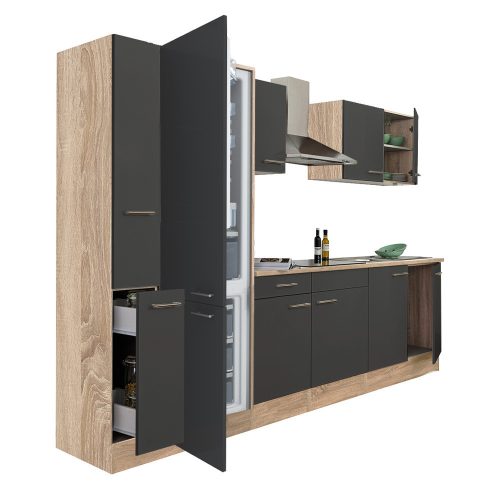 Mobila de bucatarie Yorki 300, corp din stejar sonoma, fata antracit satinat, frigider cu congelator in partea de jos