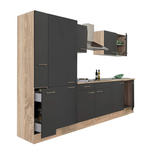 Mobila de bucatarie Yorki 300, corp stejar sonoma, fata antracit satinat, cu dulap cu raft
