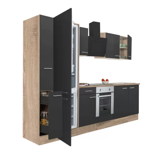 Mobila de bucatarie Yorki 300, corp din stejar sonoma, fata antracit satinat, element cuptor inferior, frigider congelator inferior