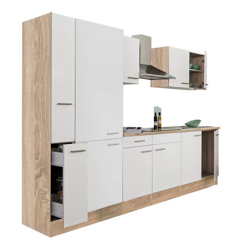 Mobila de bucatarie Yorki 300, corp din stejar Sonoma, fata alb satinat, cu dulap cu raft