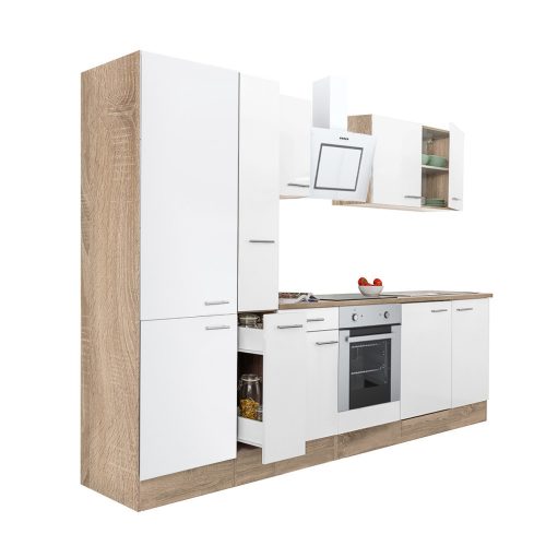 Mobila de bucatarie Yorki 300, corp din stejar sonoma, fata alb satinat, element inferior cuptor, dulap cu raft