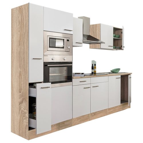 Mobila de bucatarie Yorki 300, corp din stejar Sonoma, cu fata alb satinat