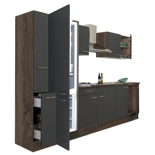 Mobila de bucatarie Yorki 300, corp din stejar Yorki, fata antracit satinat, frigider cu congelator in partea de jos