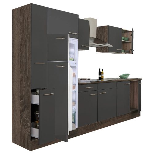Mobila de bucatarie Yorki 300, corp din stejar Yorki, fata antracit satinat, frigider cu congelator superior