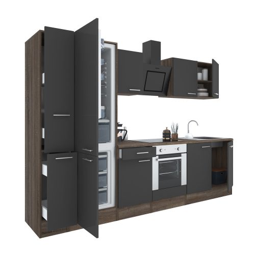 Mobila de bucatarie Yorki 300, corp din stejar Yorki, fata antracit satinat cu element cuptor inferior si frigider congelator inferior