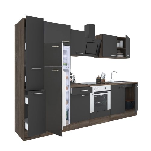 Mobila de bucatarie Yorki 300, corp din stejar Yorki, fata antracit satinat cu element cuptor inferior, frigider cu congelator superior