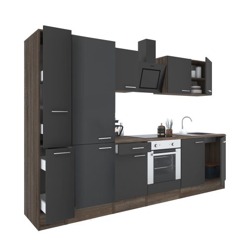 Mobila de bucatarie Yorki 300, corp stejar Yorki, fata antracit satinat cu element cuptor inferior, dulap cu rafturi