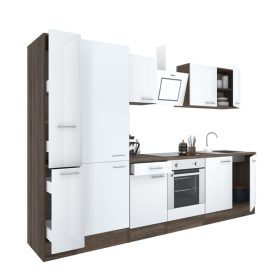 Mobila de bucatarie Yorki 300, corp din stejar Yorki, fata alb satinat cu element inferior al cuptorului, dulap cu raft