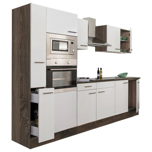 Mobila de bucatarie Yorki 300, corp din stejar Yorki, cu fata alb satinat