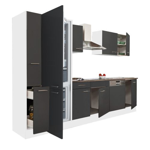 Mobila de bucatarie Yorki 310, corp alb, fata antracit satinat, frigider cu congelator inferior