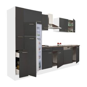 Mobila de bucatarie Yorki 310, corp alb, fata antracit satinat, frigider cu congelator superior