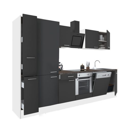 Mobila de bucatarie Yorki 310, corp alb, fata antracit satinat, element inferior cuptor, dulap raft