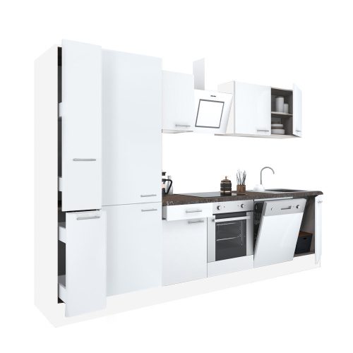 Mobila de bucatarie Yorki 310, corp alb, fata alb satinat, element inferior cuptor, dulap raft