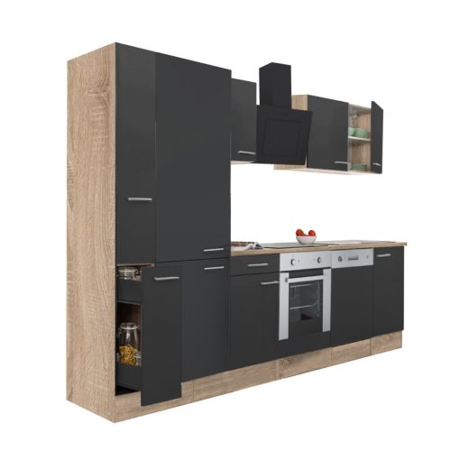 Mobila de bucatarie Yorki 310, corp din stejar sonoma, fata antracit satinat, element cuptor inferior, dulap cu raft