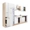 Mobila de bucatarie Yorki 310, corp din stejar sonoma, fata alb satinat, frigider cu congelator superior