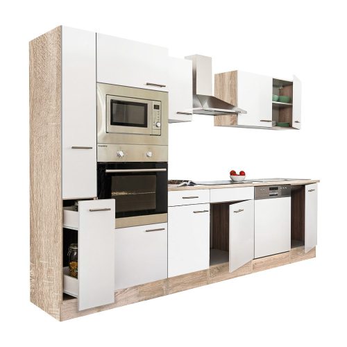 Mobila de bucatarie Yorki 310, corp din stejar Sonoma, cu fata alb satinat