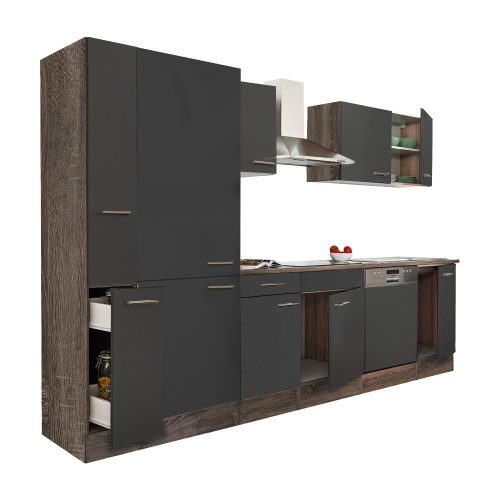 Mobila de bucatarie Yorki 310, corp stejar Yorki, fata antracit satinat, cu dulap cu raft