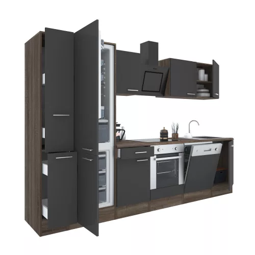 Mobila de bucatarie Yorki 310, corp din stejar Yorki, fata antracit satinat cu element cuptor inferior, frigider congelator inferior