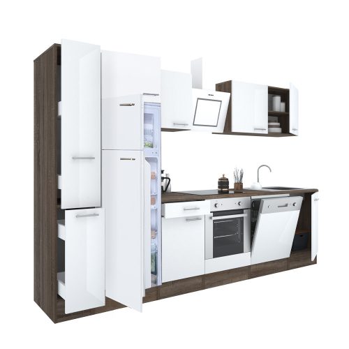 Mobila de bucatarie Yorki 310, corp din stejar Yorki, fata alb satinat, element cuptor inferior, frigider congelator superior