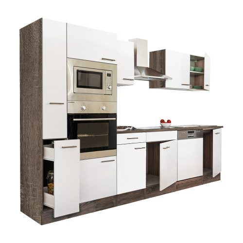 Mobila de bucatarie Yorki 310, corp din stejar Yorki, cu fata alb satinat