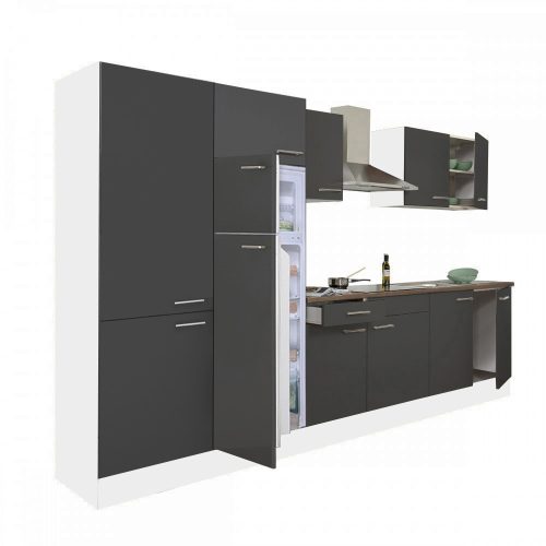 Mobila de bucatarie Yorki 330 cu corp alb, fata antracit satinat, dulap cu rafturi si frigider cu congelator superior