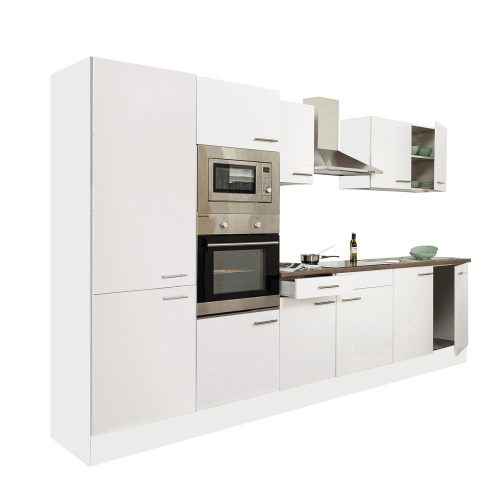 Mobila de bucatarie Yorki 330, corp alb, cu fata satinata alba si dulap cu raft