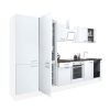 Mobila de bucatarie Yorki 330, corp alb, fata alb satinat cu element cuptor inferior, dulap cu rafturi si frigider congelator inferior