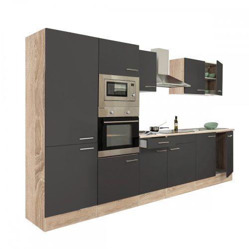 Mobila de bucatarie Yorki 330, corp stejar sonoma, fata antracit satinat, cu dulap cu raft