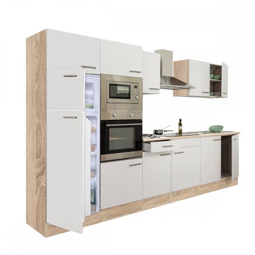 Mobila de bucatarie Yorki 330, corp din stejar Sonoma, cu fata alb satinat