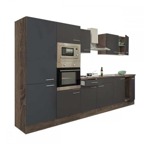 Mobila de bucatarie Yorki 330, corp stejar Yorki, fata antracit satinat, cu dulap cu raft