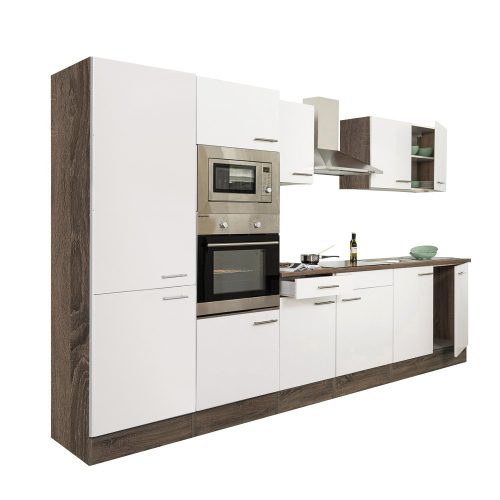 Mobila de bucatarie Yorki 330, corp din stejar Yorki, fata alb satinat, dulap cu raft