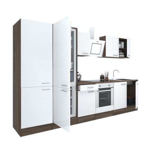 Mobila de bucatarie Yorki 330, corp din stejar Yorki, fata alb satinat cu element cuptor inferior, dulap cu rafturi si frigider congelator inferior.