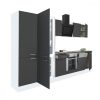 Mobila de bucatarie Yorki 340, corp alb, fata antracit satinat, element cuptor inferior, dulap cu rafturi si frigider congelator inferior