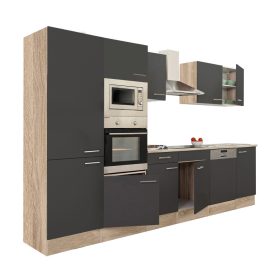 Mobila de bucatarie Yorki 340, corp stejar sonoma, fata antracit satinat, cu dulap cu raft