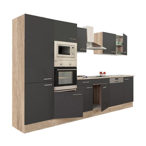 Mobila de bucatarie Yorki 340, corp stejar sonoma, fata antracit satinat, cu dulap cu raft