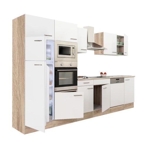 Mobila de bucatarie Yorki 340, corp din stejar Sonoma, cu fata alb satinat