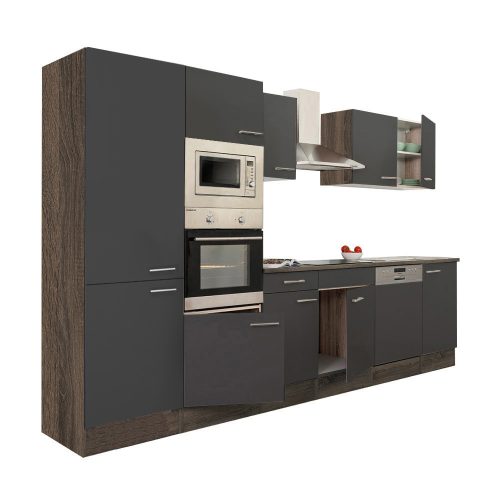 Mobila de bucatarie Yorki 340, corp stejar Yorki, fata antracit satinat, cu dulap cu raft