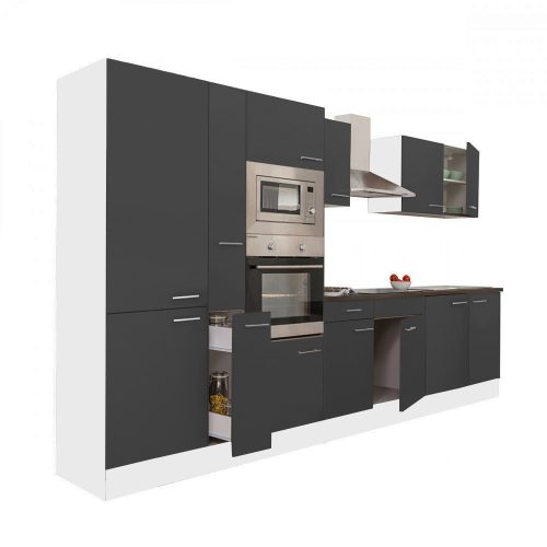Mobila de bucatarie Yorki 360, corp alb, fata antracit satinat, cu dulap cu raft