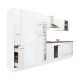 Mobila de bucatarie Yorki 360 cu corp alb, fata alb satinat, dulap cu rafturi si frigider cu congelator superior