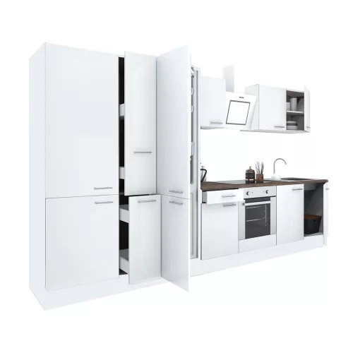 Mobila de bucatarie Yorki 360, corp alb, fata alb satinat cu element cuptor inferior, dulap cu rafturi si frigider congelator inferior