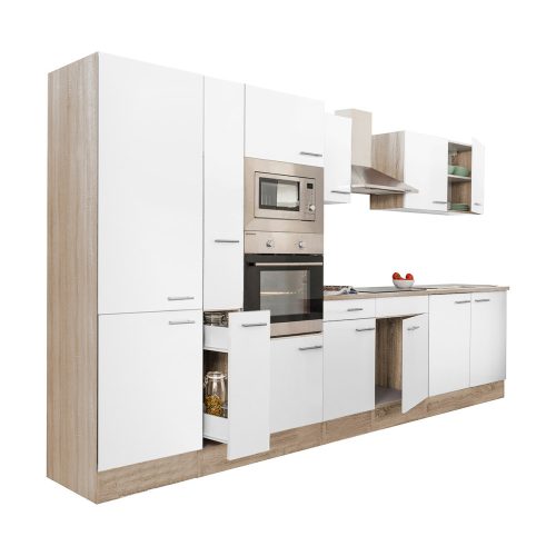 Mobila de bucatarie Yorki 360, corp din stejar Sonoma, fata alb satinat, cu dulap cu raft