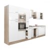 Mobila de bucatarie Yorki 360, corp din stejar Sonoma, cu fata alb satinat