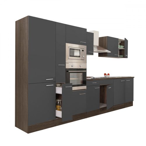 Mobila de bucatarie Yorki 360, corp stejar Yorki, fata antracit satinat, cu dulap cu raft