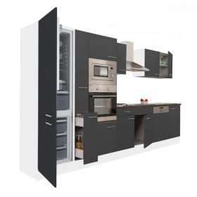 Mobila de bucatarie Yorki 370, corp alb, fata antracit satinat, frigider cu congelator inferior