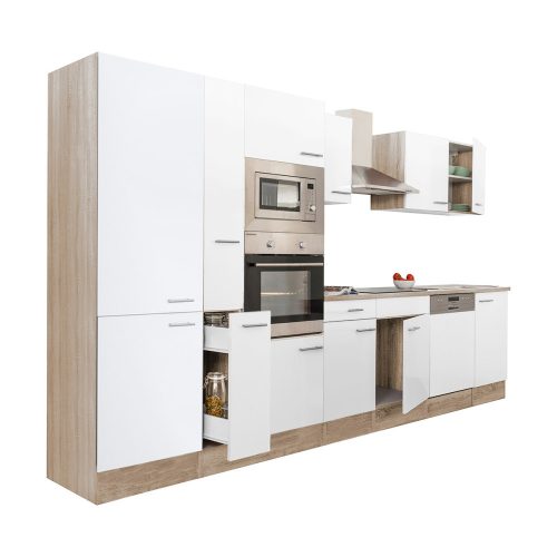 Mobila de bucatarie Yorki 370, corp din stejar sonoma, fata alb satinat, cu dulap cu raft